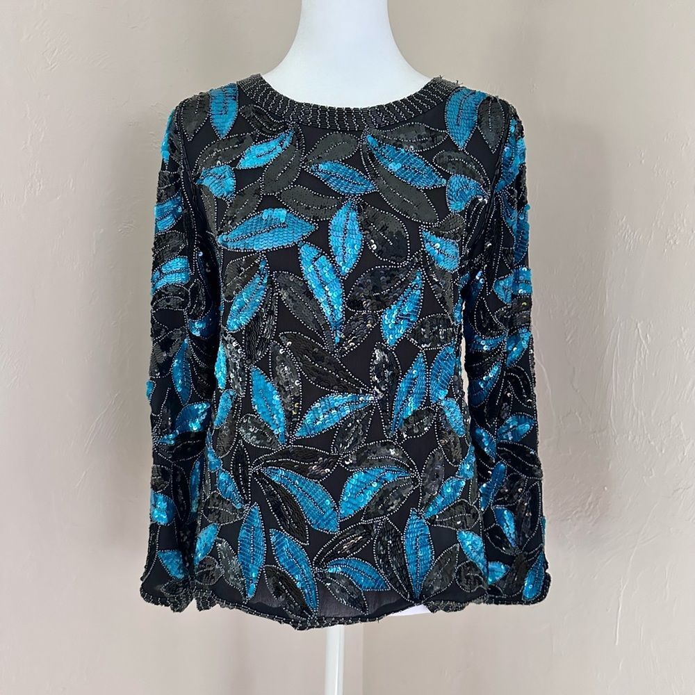 Vintage Oleg Cassini Silk Beaded and Sequin Top Black Turquoise Size M